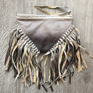 CLEOBELLA Brown+ Tan Leather Boho Fringe Clutch